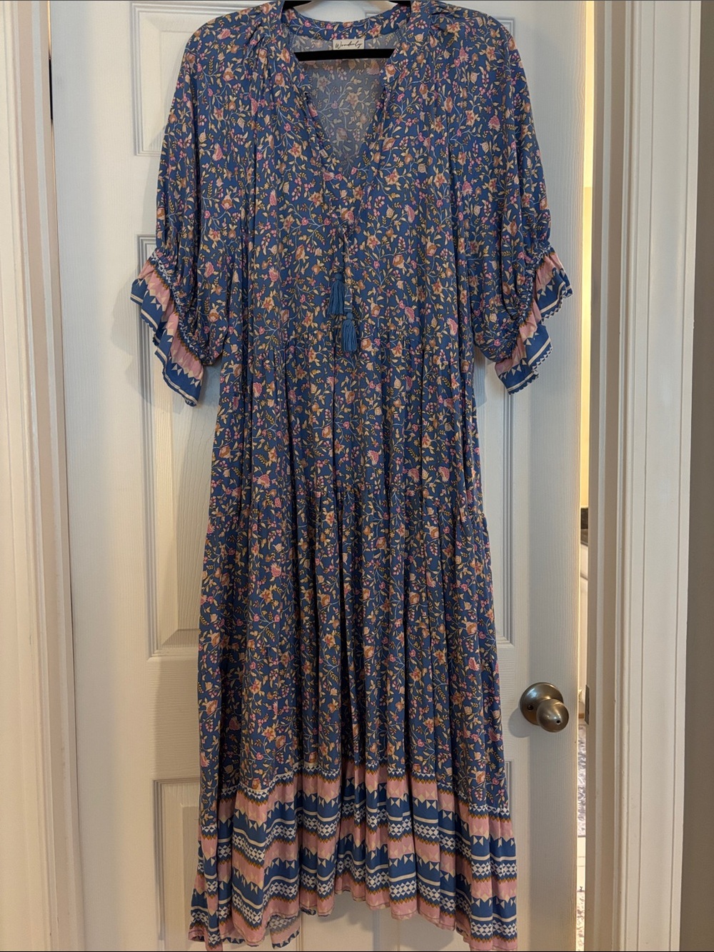 Wonderly Blue Floral Maxi Dress with Pink Accents
